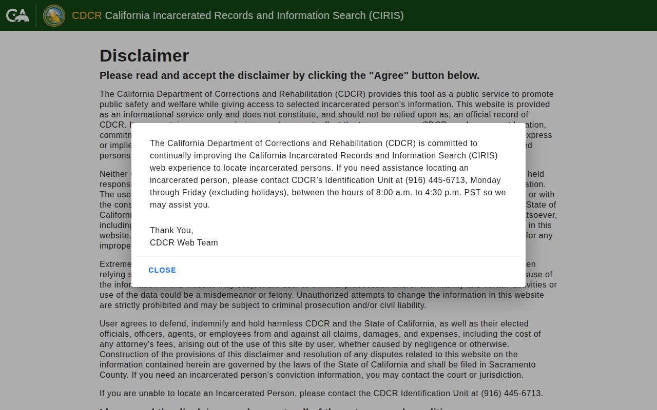 CDCR CIRIS search page for California incarcerated records and state custody lookup