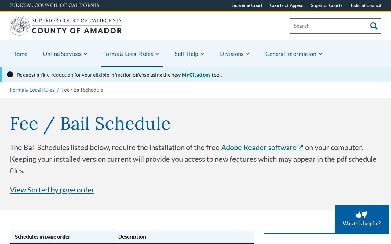 Amador court bail schedule page used to understand bail-related same-day releases