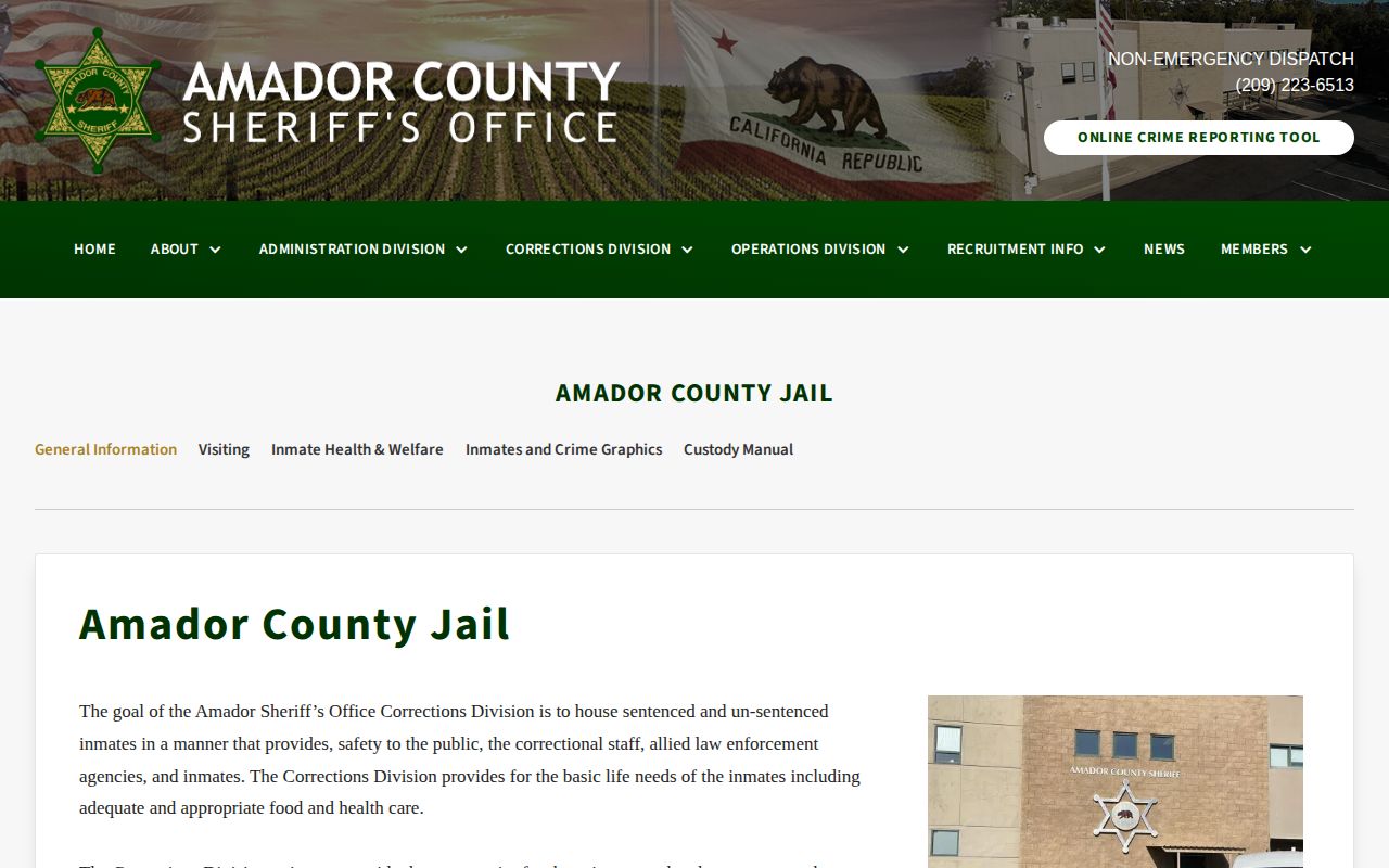 Amador County Jail general information page showing jail facility details