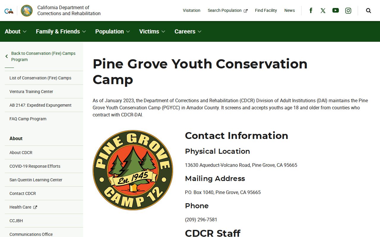 CDCR Pine Grove Youth Conservation Camp facility page