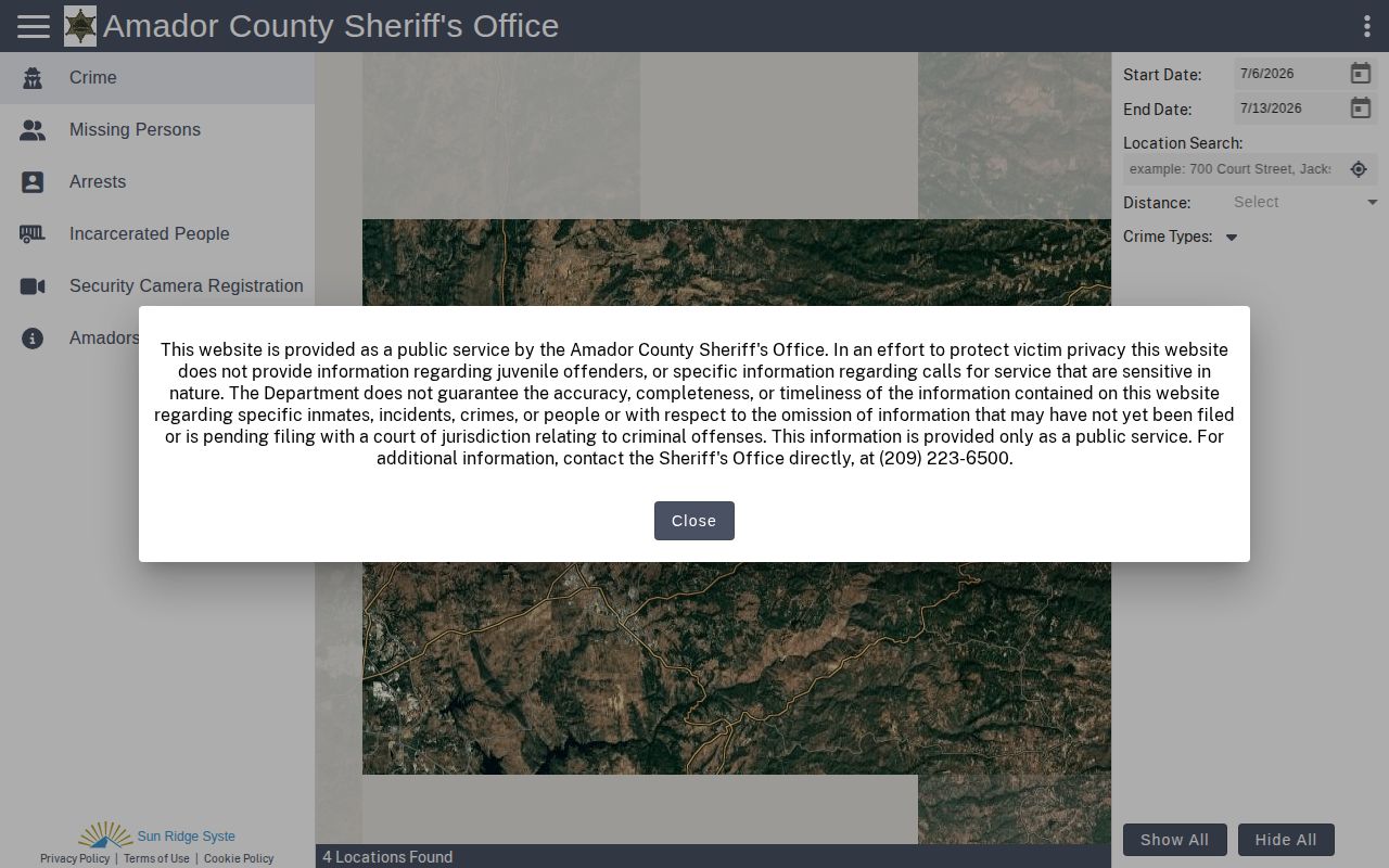 Amador Sheriff Citizen RIMS portal used for current custody and recent booking context