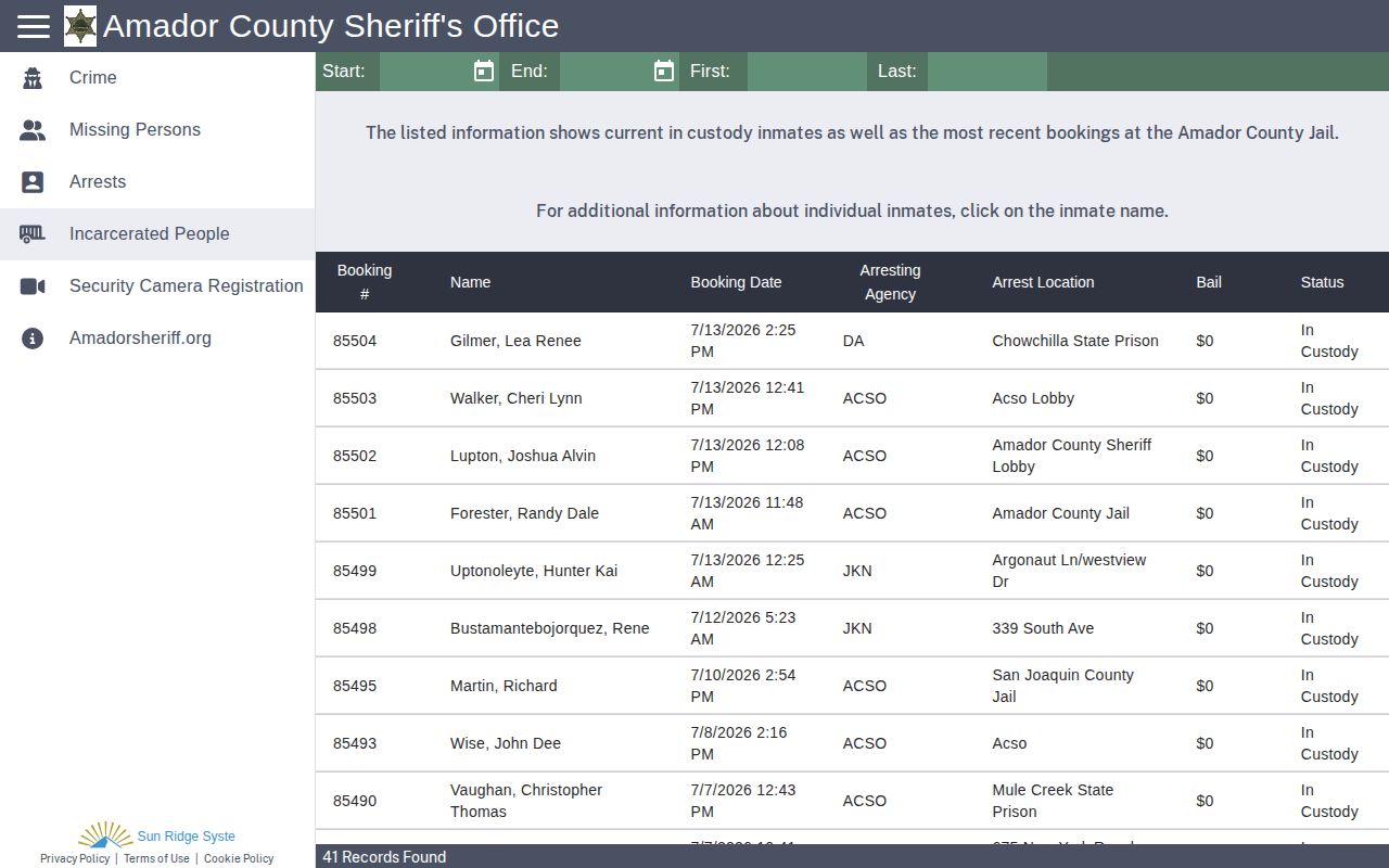 Amador County released inmates RIMS current custody route