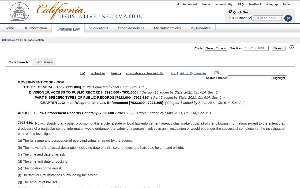 California Government Code section 7923.610 arrest and release public information statute
