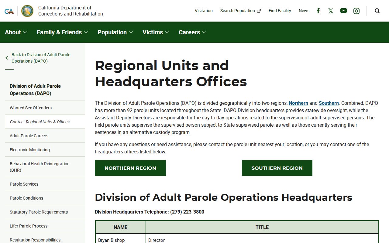 CDCR Division of Adult Parole Operations regional and headquarters contact page