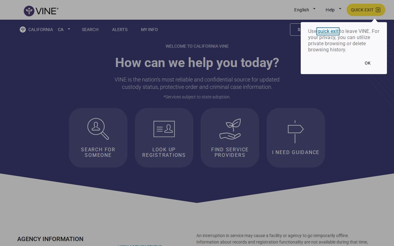 California VINE state entry page for custody status and release notifications